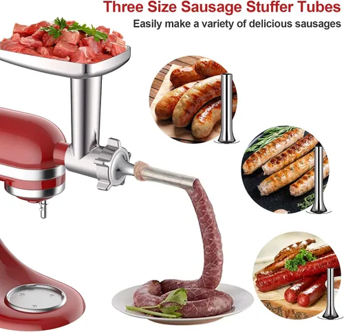 Vista 4 de COFUN Picadora de carne para batidora KitchenAid, molinillo de alimentos de metal con 4 placas de molienda, 3 tubos de relleno de salchichas, 2