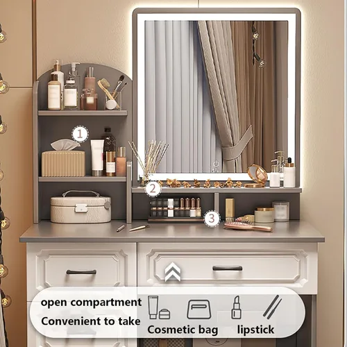 Vista 3 de Vanity Desk with Mirror and Lights,Makeup Vanity,Small Vanity Table for Bedroom,Classified Storage, Large-Capacity Desktop, Open Storage