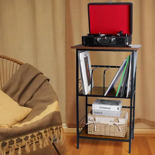 Vista 7 de Soporte para tocadiscos con 4 divisores ajustables, almacenamiento de discos de vinilo con capacidad para 200 LPs, mesa auxiliar de 3 capas, mesa