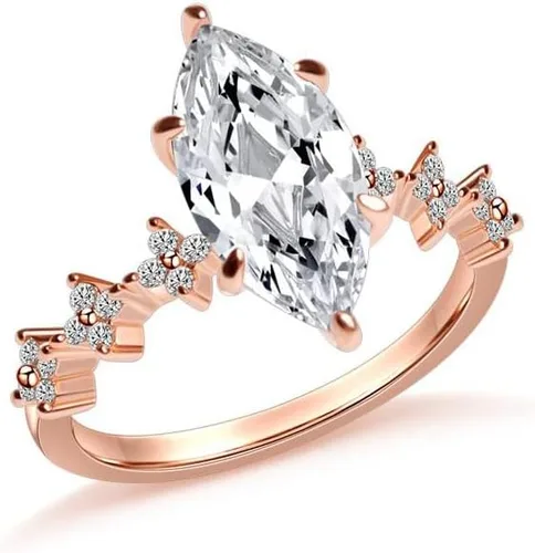 Vista 2 de Anillo de compromiso chapado en oro rosa con circonita cúbica transparente de corte marquesa para mujer, anillo de boda con halo de diamantes