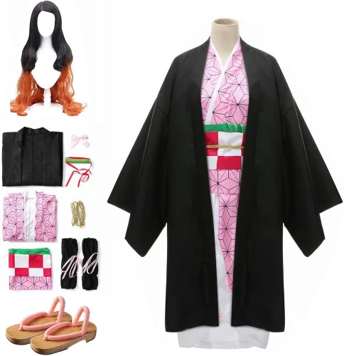 Vista 2 de PARAWEYSE Full Set Anime Cosplay Womens Halloween Costume For Nezuko Party Role Cloak Kimono Outfit WShoes Wig