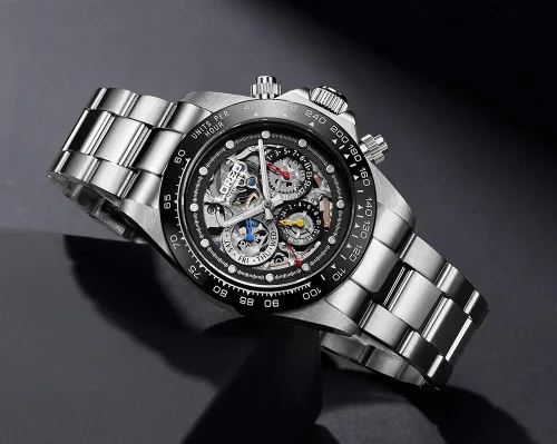 Vista 7 de LOREO Reloj Automático para Hombre de Acero Inoxidable Plateado con Cristal de Zafiro, Bisel de Cerámica, Fecha, Militar, de Buceo, Impermeable Negro