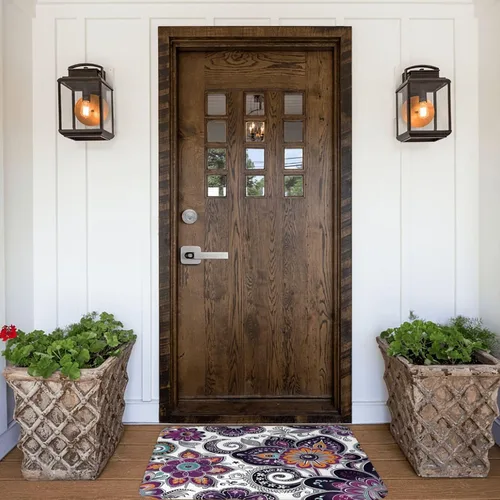 Vista 9 de LB Alfombra de baño de flores bohemias, alfombra de baño antideslizante con estampado floral bohemio morado y negro, espuma viscoelástica suave