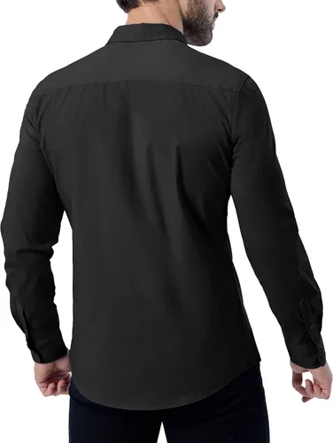 Vista 4 de ZAFUL Camisas de vestir para hombre, ajustadas, con botones, de manga larga, con cuello elástico, de algodón, sin arrugas, con botones