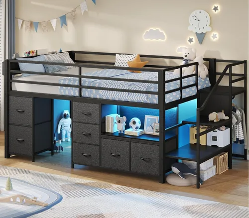 Vista 16 de ADORNEVE Cama baja tipo loft tamaño individual con 7 cajones de almacenamiento, estantería y luces LED, cama alta de metal para niños con barandilla