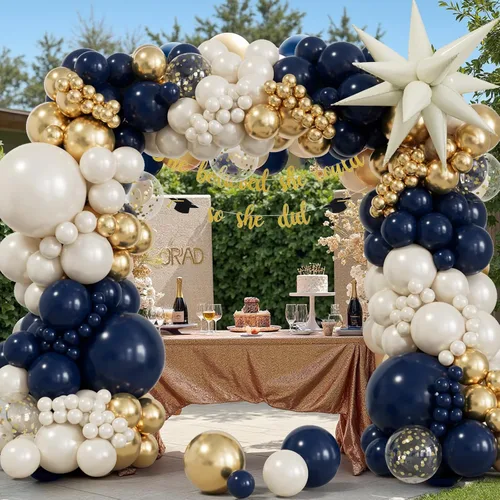 Vista 3 de Kit de arco Graland de globos azul marino y dorado, doble relleno, blanco perla, azul rey, dorado champán, con confeti, globos de estrella explosiva