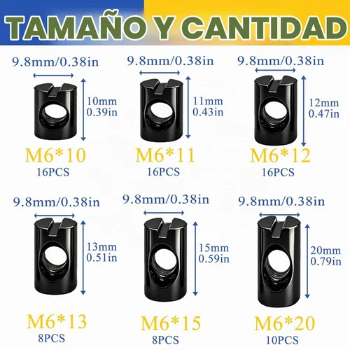 Vista 2 de 74 PIEZAS Tuercas de Barril M6 Negras Métricas con Ranuras para Muebles, Kit de Tuercas M6 x 11mm/12mm/13mm/15mm/20mm Negro