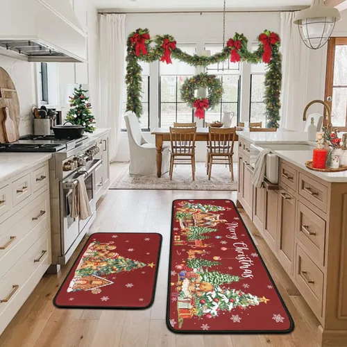Vista 2 de Juego de 2 alfombras de cocina de Navidad, muñeco de nieve, árbol de Navidad, antideslizantes, lavables, decoración de cocina de invierno y Navidad