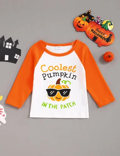 Vista 3 de Camisa de Halloween para niños, camiseta de manga larga raglán de calabaza, disfraz de Halloween para niños de 12 meses a 5 años