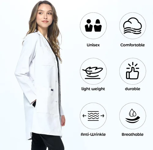 Vista 3 de Dagacci Medical Uniform Abrigo de laboratorio unisex de 35" Blanco