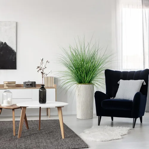 Vista 11 de Árbol artificial en macetero moderno con patrón de remolino, palmera tropical areca artificial de seda para decoración del hogar en interiores