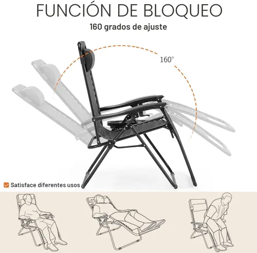 Vista 6 de Silla de gravedad cero Sweetcrispy, juego de 2 sillas reclinables portátiles para playa, camping, patio, exterior, plegables, con portavasos y Negro