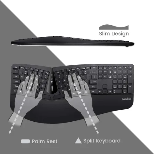 Vista 2 de Perixx Periduo-605, combinación de teclado dividido ergonómico inalámbrico y ratón vertical, reposa muñeca ajustable y teclas de perfil bajo