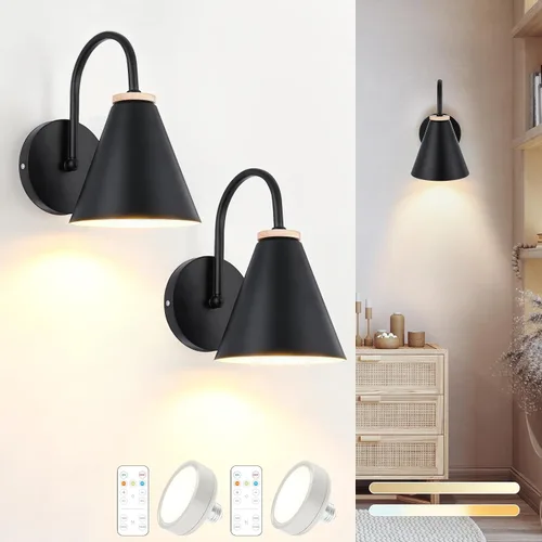 Vista 7 de Aplique de pared industrial de madera sintética negra, funciona con pilas, fácil de instalar, sin cables, bombilla LED regulable con control remoto