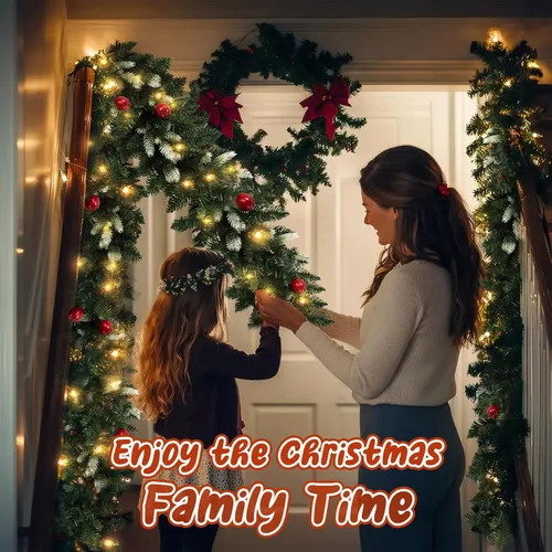 Vista 6 de Fohil Guirnalda de Navidad de 9 pies, 8 modos de guirnalda de Navidad artificial preiluminada con 60 luces LED, guirnalda de ratán verde con bayas