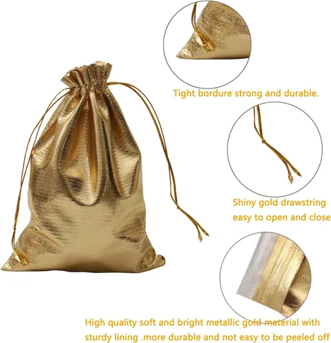 Vista 3 de Paquete de 100 bolsas de organza doradas resistentes de 3.54"x4.72" con cordón para joyería, boda, fiesta, Navidad, favor, regalo, dulces, chocolate