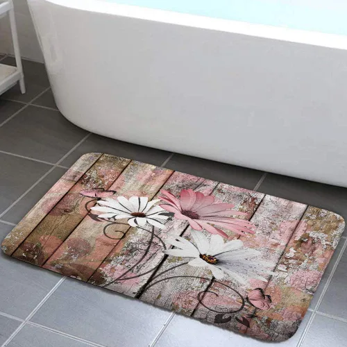 Vista 10 de JAWO Alfombra de baño con flores de granja, dalia en tablones de madera rústica, juego de tapetes de baño con flores azules, en forma de U