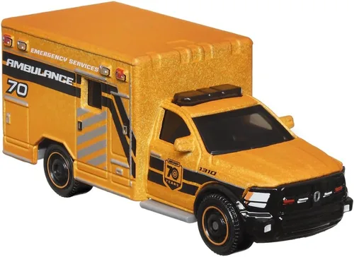 Vista 4 de Matchbox Moving Parts - Vehículo fundido a presión de 70 años de edición especial, HMV12 ~ Inspirado en la ambulancia Ram 2019 ~ 5/5 naranja y negro