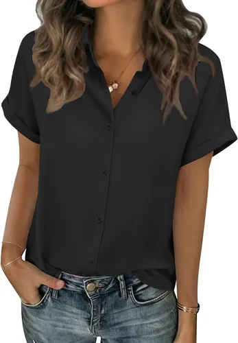Vista 18 de Zeagoo Blusas de verano de manga corta para mujer, camisas casuales con botones, blusas de trabajo de negocios sólidas/a rayas