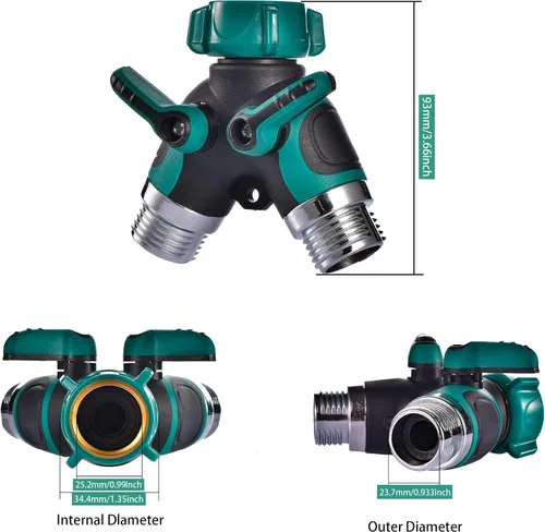 Vista 5 de Divisor de manguera de 2 vías en Y conector con cómodo agarre de goma y parte superior giratoria de 360 ° de conexión rápida para manguera de Verde
