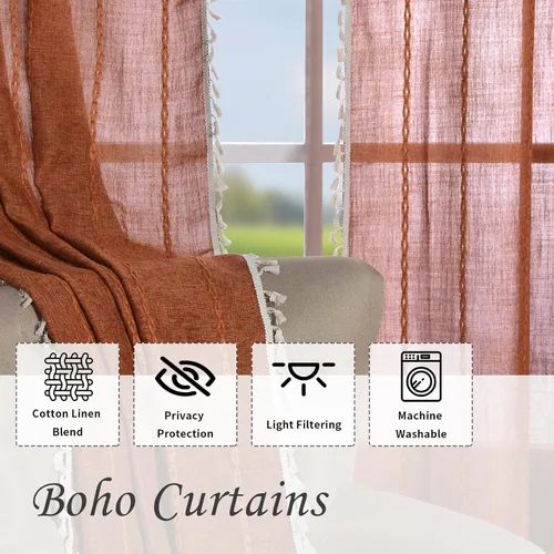 Vista 4 de Cortinas bohemias de color naranja quemado, cortinas rústicas de terracota para sala de estar, 2 paneles de 63 pulgadas de largo, de lino