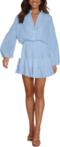 Vista 6 de OPOIPIN Minivestido de manga larga con cuello en V y volantes en capas para mujer