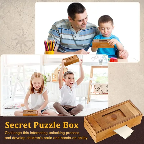 Vista 7 de 2 piezas Caja de rompecabezas de madera de Navidad con compartimentos ocultos, caja de dinero de madera para tarjeta de regalo, caja secreta