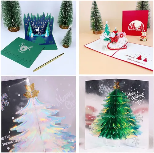 Vista 6 de Tarjeta desplegable 3D única de árbol de Navidad, tarjeta de felicitación con purpurina para árbol de Navidad, tarjeta tridimensional de cristal