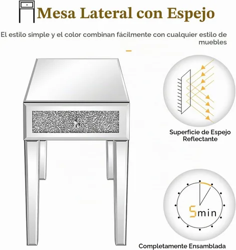 Vista 3 de VINGLI Mesa auxiliar estrecha con espejo, pequeña mesa auxiliar para sofá/sofá/cama con almacenamiento, mesita de noche de cristal delgada