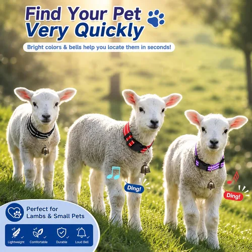Vista 7 de Paquete de 5 collares reflectantes de cabra con campanas, collar para mascotas antipérdida Adjustable Nylon Collar & Sheep Grazing Copper Bells