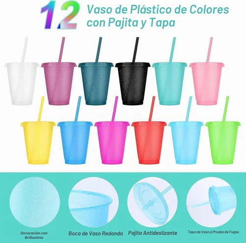 Vista 3 de 24 Piezas Vasos de Plástico con Tapas y Pajitas, Vasos Reutilizables con Tapas Vasos Coloridos de Plástico para Fiesta de Cumpleaños, Taza de Café