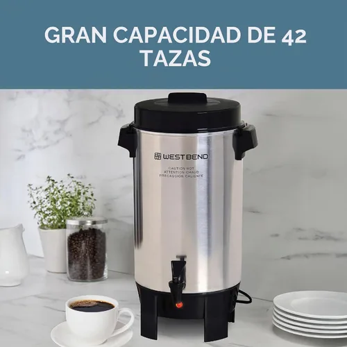 Vista 2 de Cafetera West Bend de aluminio altamente pulido con control automático de temperatura, preparación de una taza por minuto y fácil limpieza. Incluye