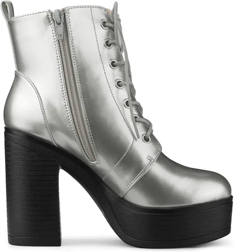 Vista 6 de Allegra K Botas de combate de tacón alto grueso con cordones para mujer, M