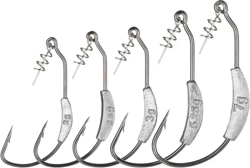 Vista 7 de Twistlock Fishing Hooks with Weight, 25pcs Worm Hooks with Centering Pin Spring Weighted Swimbait Hooks for Soft Plastic Lures Baits Bass Fishing