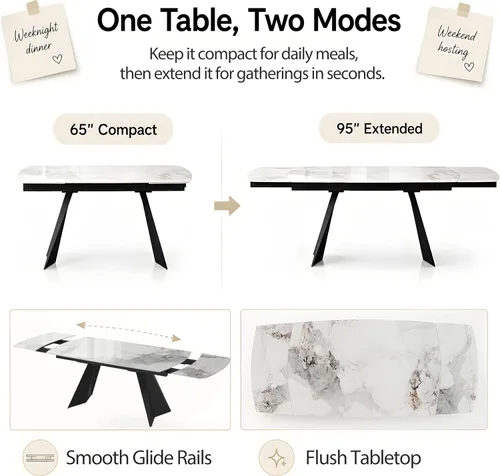 Vista 4 de Honyee Mesa de comedor de piedra sinterizada, mesa de comedor extensible con hojas, parte superior rectangular de aspecto de mármol, asientos 6-12