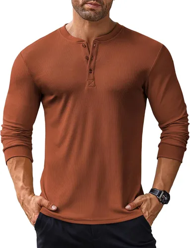 Vista 43 de COOFANDY Camisas Henley de manga larga para hombre, camisetas elásticas acanaladas, camisetas básicas casuales de moda