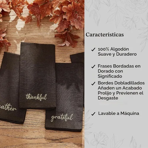 Vista 3 de Threadmade Harvest Sentiment - Servilletas bordadas, juego de 4, color marrón, 17 pulgadas de ancho x 17 pulgadas de largo