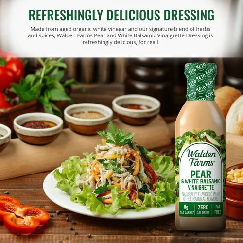 Vista 2 de Aderezo de ensalada de vinagreta de pera y vinagre balsámico blanco Walden Farms – Sin calorías, sin gluten, bajo en carbohidratos, apto para keto
