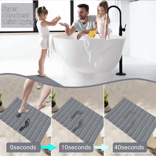 Vista 6 de Paquete de 1 tapete de baño plegable de piedra para baño, tapete de baño gris súper absorbente de tierra de diatomeas, alfombra de ducha