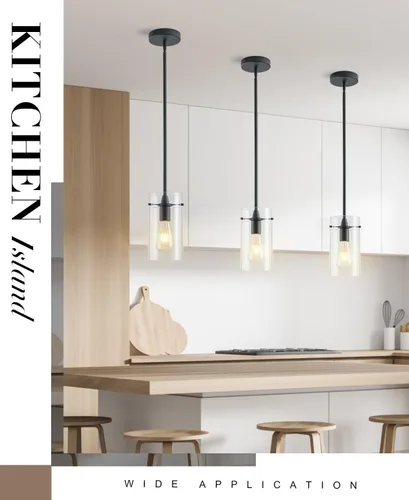 Vista 5 de Paquete de 2 luces colgantes para isla de cocina, lámparas colgantes ajustables de cristal, luces colgantes negras mate, isla de cocina, iluminación