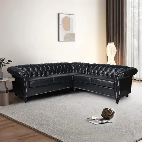Vista 6 de ORRD Sofá seccional pequeño en forma de L, sofá Chesterfield de cuero copetudo con brazos de desplazamiento y cabeza de clavo para sala de estar