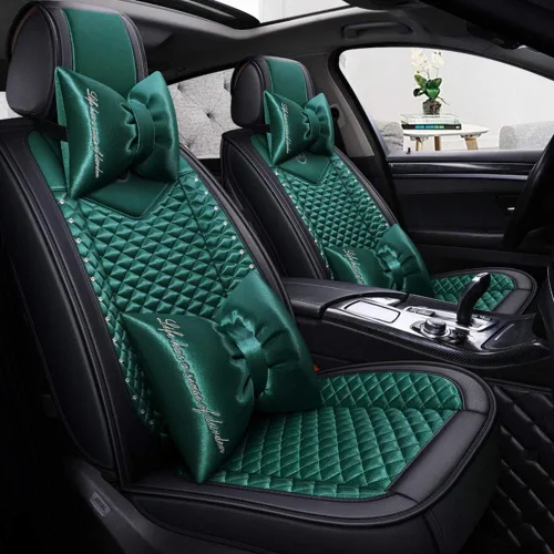 Vista 6 de Bling - Fundas de asiento de automóvil de seda y cuero retro con celosía, ajuste universal (negro básico)
