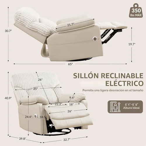 Vista 2 de Electric Recliner with Massage and Heat, Swivel Rocking Chair Glide Rocker Beige