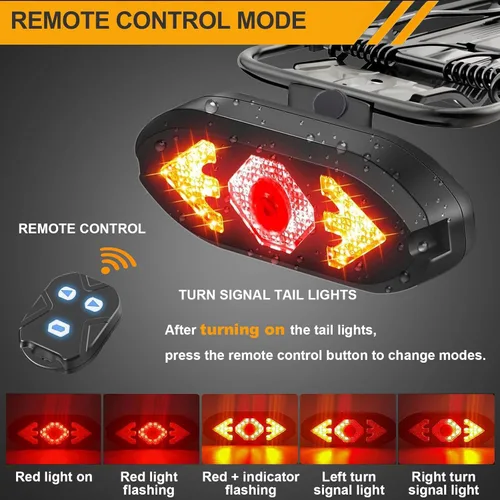 Vista 3 de Luz trasera de bicicleta recargable por USB, luces de giro para bicicleta, luz trasera impermeable de advertencia de seguridad con 2 tipos