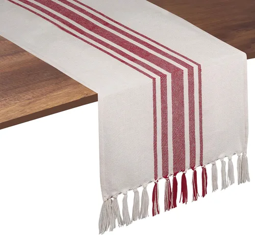 Vista 12 de Native Fab Camino de mesa a rayas grises – Mantel bohemio de 72 pulgadas de largo con borlas – 100% algodón, tejido apretado, mantel antideslizante