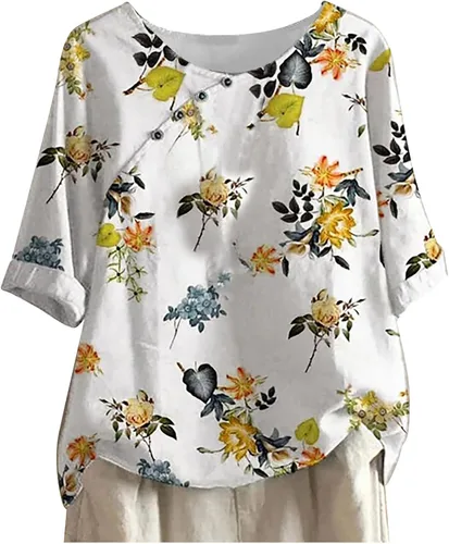 Vista 4 de Camisetas de lino de algodón para mujer, talla grande, manga corta, estampado gráfico de diente de león, camisetas con cuello redondo, túnica