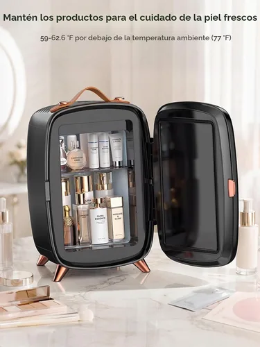 Vista 2 de COWSAR Mini refrigerador para dormitorio con espejo de luz LED regulable, refrigerador para el cuidado de la piel de 6 litros/8 latas con mango Negro