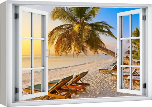 Vista 8 de wall26 Lienzo impreso para pared, vista de ventana a barco y playa tropical, isla de naturaleza, desierto, fotografía, realismo, paisaje rústico