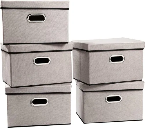 Vista 17 de PRANDOM Contenedores de almacenamiento con tapas [paquete de 3] cajas de almacenamiento plegables de tela de lino, canastas organizadoras, cubos