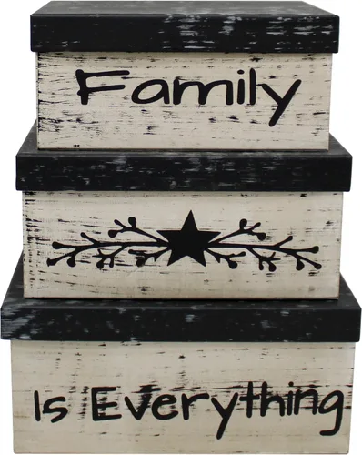Vista 2 de CVHOMEDECO. Cajas anidadas rectangulares vintage primitivas de cartón “La familia lo es todo”, grandes 12 x 9 x 14 cm. Juego de 3.